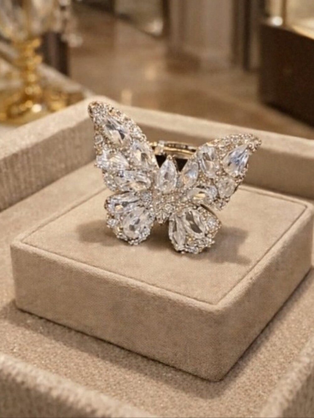 Iced Out Butterfly Ring BOLD Statement Silver Adjustable Band